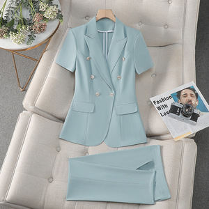 Pink Women's Short Sleeve Suit Set Solid Color Breathable Polyester Casual Suit Jacket With Buttons For Office And Daily Wear - Product Image 4