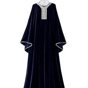 Vestidos Casuales de Terciopelo Azul Oscuro para Mujer, Transpirables, Elegantes, con Cuello Bordado, Estilo Farasha Abaya, Holgados, Talla Grande, Manga Larga - Product Image 1