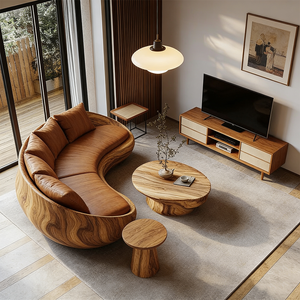 Set di Divani <span class=keywords><strong>in</strong></span> Pelle Curvi Moderni, Base <span class=keywords><strong>in</strong></span> <span class=keywords><strong>Legno</strong></span> Massello di Lusso, Divano Minimalista a Mezzaluna, Arredamento di Design per Soggiorno - Product Image 2