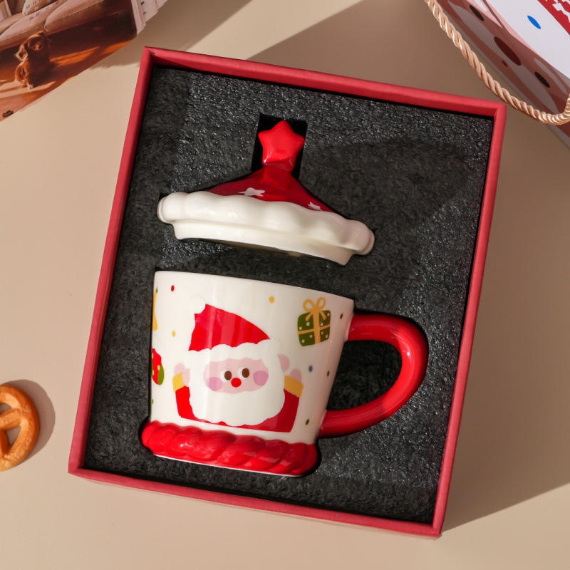 Tasse de Noël joyeuse vieil homme - tasse rouge + couvercle + coffret cadeau