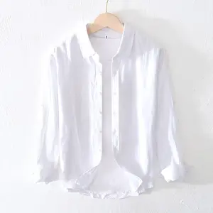 2022 estate sottile bianco abbigliamento Casual abbigliamento 100% lino manica lunga t-shirt polo per uomo