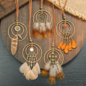 Colliers à pendentif plume en alliage de cuivre et pierre turquoise, style bohème ethnique, collier long unisexe - Product Image 4