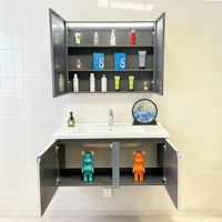 Meuble-lavabo mural moderne en acier inoxydable pour salle de bain, résistant à l'eau, avec vasque en céramique sans joint et double porte silencieuse