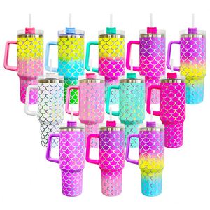 Gobelet isotherme double paroi en acier inoxydable écologique de 40 oz, motif écailles de poisson holographiques, couleur dégradée, blanc, violet, rose, vert - Product Image 1
