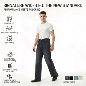 <span class=keywords><strong>Jeans</strong></span> Unisex a Gamba Larga, Lavaggio Vintage, Vestibilità Comoda, Vita Alta Elasticizzata, <span class=keywords><strong>Pantaloni</strong></span> in Denim, Produzione all'Ingrosso OEM ODM - Product Image 1