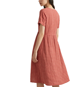 Abito da donna in cotone a scacchi rossi a maniche corte girocollo abito Midi Casual estivo per lavoro e gite - Product Image 4