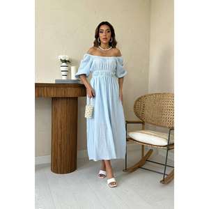 Vestido de lino azul claro con hombros descubiertos, cintura natural, corte holgado, transpirable, informal, para mujer - Product Image 4