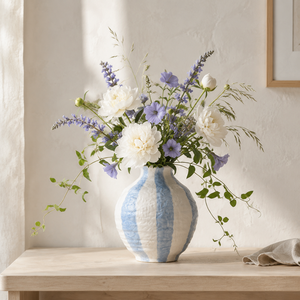 Vase à fleurs rond en céramique texturée à rayures bleues, style côtier méditerranéen, poterie décorative OEM pour table - Product Image 2