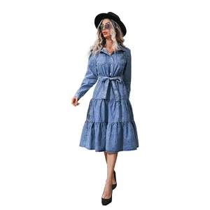 Women's Clothing New Blue Stitching Lapel Fashion Loose Long Irregular Hem Oversized Button Down Denim Dress