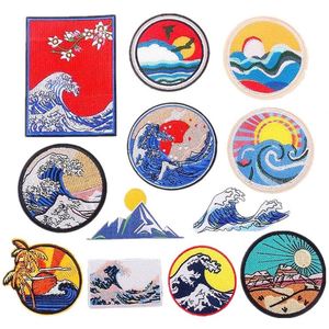 Wave Chenille Embroidery <b>Iron</b>-<b>On</b> Adhesive Non-Woven Fabric Cloth Patch Mountain River Glacier Cartoon Badge - Product Image 1