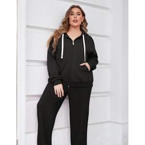 Conjunto deportivo de 2 piezas para mujer, talla grande, con sudadera con cremallera y pantalones anchos, ropa informal para estar en casa, mezcla de poliéster y spandex de peso medio. - Product Image 2