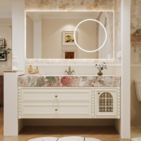 Meuble de salle de bain mural de style américain en bois d'hévéa écologique de haute qualité avec miroir intelligent et lavabo en céramique