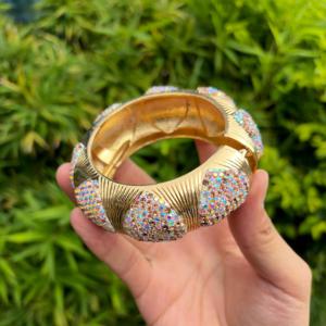 Luxury Fashion Alloy Aurora <b>Crystal</b> Full Pave Spring Cuff <b>Bracelet</b> Gold Plated Bling Rhinestone Wide Bangle Vintage Evening - Product Image 3