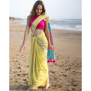 Sarees de Algodón Khadi de la Mejor Calidad con Bordado de Barra de Color y Borlas (Con Blusa), para Oficina/Uso Diario y Fiestas - Product Image 2