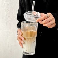 Haute valeur Ins Style isolé verre tasse à eau rayure verticale Simple grande capacité tasse à thé couvercle paille café Performance chaude