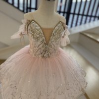 Gaun Tutu Balet Renda Berkilau Warna Pink untuk Anak Perempuan, Tutu Pancake Berhias Bunga dengan Payet, Kostum Tari Anak untuk Rekreasi