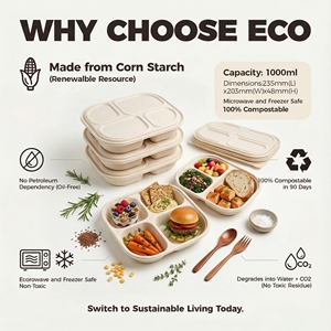 Barquette alimentaire moderne en amidon de maïs à 4 compartiments Eco 1000 ml, biodégradable, jetable, anti-fuite, compatible <span class=keywords><strong>micro</strong></span>-ondes, avec couvercle de qualité alimentaire - Product Image 1