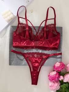 Set di Lingerie in Pizzo <span class=keywords><strong>Bordeaux</strong></span> Personalizzato OEM, <span class=keywords><strong>Reggiseno</strong></span> e Perizoma in Rete Trasparente con Ricamo Floreale 3D, Set di 2 Pezzi di Lingerie Esotica per Donne - Product Image 2