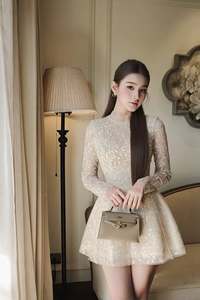 Robe Mini Jacquard Élégante pour Femme, Manches Longues, Broderie Florale, Robe de Cocktail, Style Old Money Personnalisé, Vente en Gros - Product Image 4