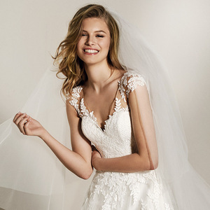 <b>Lace</b> V-Neck A-Line Wedding Dress Natural Waist Off <b>White</b> Polyester Simple Style Zipper Version - Product Image 1