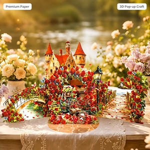 Carte de vœux personnalisée en papier fait main, pliante en trois parties, motif château de roses 3D, pour Noël et les fêtes - Product Image 2