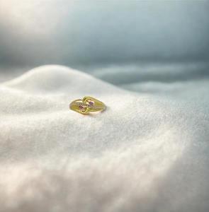 Yellow <b>Gold</b> <b>Ribbon</b> Motif Ring with Brilliant Diamond Pave and Pink Gemstone Accents Sophisticated Swirl Design Jewelry for Women - Product Image 3