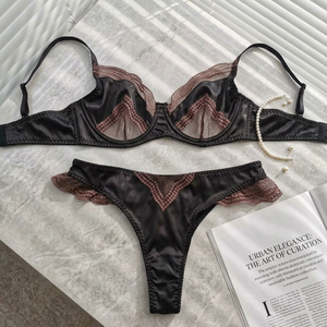 Conjunto de Lencería de Encaje Satinado Negro, Sujetador con Aros Transpirable de Copa 3/4 y Tanga, Conjunto de 2 Piezas, Estilo Francés, Ropa Interior Femenina, OEM ODM - Product Image 4