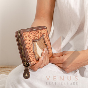 High Quality Women's Genuine Leather Purse Wallet Fashionable <b>Long</b> Design Clutch <b>Bag</b> with Open Closure and Decorative Feathers - Product Image 5
