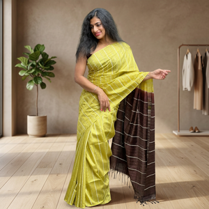Sari Tradicional de Seda Pura con Rayas Amarillas y Marrones para Mujer, Estilo Étnico Indio, Largo hasta el Suelo, Corte Regular, para Todas las Temporadas - Product Image 4