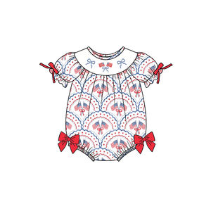Combinaison longue à manches longues avec fermeture éclair pour bébé fille, imprimé drapeau du 4 juillet, nœuds bleus, vente en gros, coton, SR3887 - Product Image 6