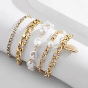 PASUXI Women New Arrival Bracelets Hip Hop Cuban Chain Link Jewelry Set Gold Plated Stainless Steel Baroque Shaped Pearl