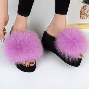Real Fox Fur Slippers Woman Summer Open Toe Wedge Heels <b>Slides</b> Sandals Ladies Cute Plush Fluffy Shoes Women's Furry Slippers - Product Image 2