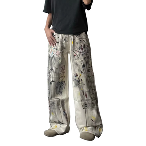 Custom High Streetstyle White Graffiti Dyeing Splatter Dirty Jeans para hombres Vintage Street Style Hip Hop Baggy Jeans Pant - Product Image 2