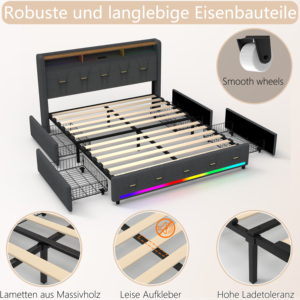 <span class=keywords><strong>Letto</strong></span> Imbottito Multifunzionale con Illuminazione LED e <span class=keywords><strong>Testiera</strong></span> con Vano Portaoggetti e Stazione di Ricarica USB, 4 Cassetti, Doghe in Legno, Grigio - Product Image 5