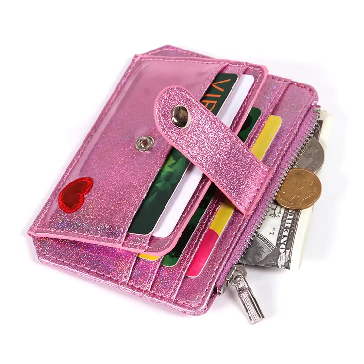 Moda lindo flash Rosa corazón bordado cremallera hebilla cero cartera señoras tarjeta de crédito clip carteras para mujer