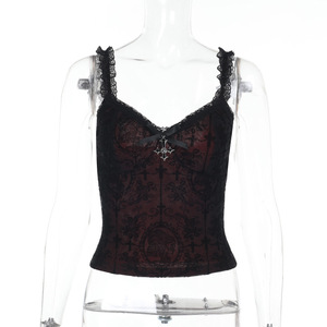Vintage Gothic Flockdruck Camisole Damen Ästhetik Fairycore <span class=keywords><strong>Grunge</strong></span> Y2k E-Girl Spitze Patchwork Perlen Crop Tank Tops - Product Image 4