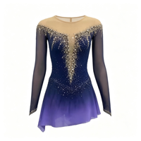 Robe de patinage artistique dégradé violet marine, manches longues en maille, col illusion, strass, jupe asymétrique pour adultes et enfants