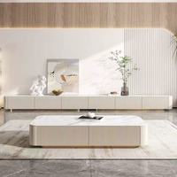 Table basse et meuble TV combinés en bois massif et plateau en pierre, style italien de luxe léger, moderne et simple, pour grand appartement, finition minimaliste
