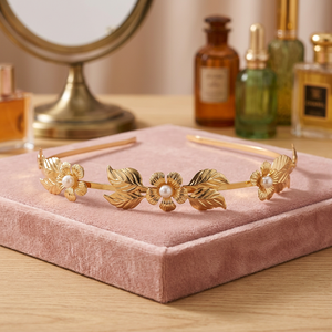 Diadema de Hojas Estilo Europeo, Aleación de Oro Rosa, Flores, Perlas, Ligera, Accesorio para el Cabello para Bodas y Fiestas - Product Image 3