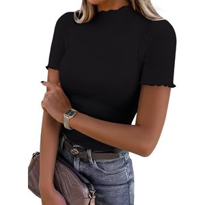 FOXA Women's Ribbed <b>Mock</b> <b>Neck</b> Short Sleeve <b>Top</b> Slim Fit Casual Tee Shirt Breathable Spandex Cotton Spring Outfit - Product Image 1