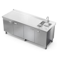 Table de travail professionnelle en acier inoxydable avec évier simple et armoire à 4 portes, station de préparation de cuisine autonome pour restaurant C