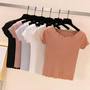 เสื้อยืดแขนสั้นผู้หญิงแฟชั่นใหม่ฤดูร้อนเสื้อคอกลมทรงหลวมน่ารักพร้อมขอบหยักถักสีพื้น - Product Image 6