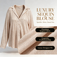 Blus Wanita Payet Lengan Panjang Kerah Lipat Kemeja Longgar Pesta Pakaian Sehari-hari Logo Kustom OEM ODM