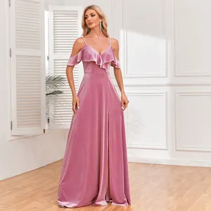 Nouvelle robe pour femmes longue Sexy haute fendue cuisse robe de bal or velours fête demoiselle d'honneur robe de soirée