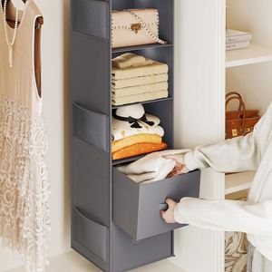 Foldable 5 Tier Hanging Closet <b>Shelf</b> Non-Woven Fabric Closet Organizer with Drawer &2 Strong <b>Hooks</b> Space Saving Wardrobe Storage - Product Image 4