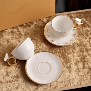 White Relief Handle butterfly <b>Bone</b> <b>China</b> Modern Luxury Eco-friendly Double Cup Saucer for Coffee Business Gift - Product Image 1