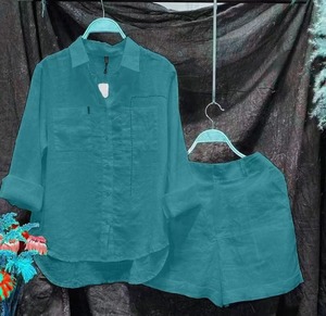 Ensemble en lin pour femmes, vente en gros, ensemble décontracté deux pièces pour femmes, couleur unie, haut à manches longues, short décoratif, grande <span class=keywords><strong>taille</strong></span> 4XL - Product Image 6