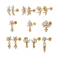 Anting-anting stud zircon kubik berkilauan berlapis emas baja tahan karat 316L 16G, cincin labret, perhiasan tindik tulang rawan helix
