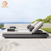 Chaise longue contemporaine en bois pour 2 personnes, base en teck, dossier réglable, lit de repos pour patio, jardin ou bord de piscine