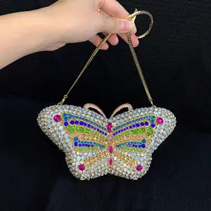 New Design Good Quality Wedding Bridal Sparkle Butterfly Clutch Purse Full Bowknot Crystal Bag Rhinestone Handbag